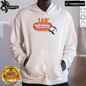 Alt Text: Official National Bohemian 140th Anniversary Logo Hoodie featuring a vintage design and celebratory colors.