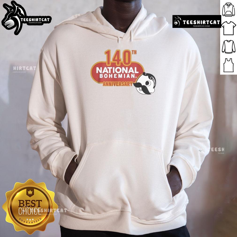 Alt Text: Official National Bohemian 140th Anniversary Logo Hoodie featuring a vintage design and celebratory colors.
