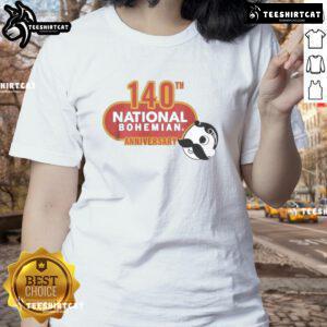 Alt Text: Official National Bohemian 140th Anniversary Logo on a stylish ladies tee, celebrating a historic beer brand.