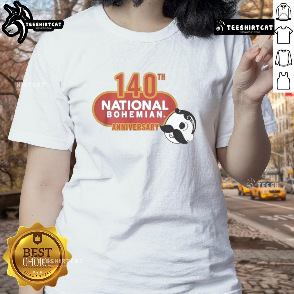 Alt Text: Official National Bohemian 140th Anniversary Logo on a stylish ladies tee, celebrating a historic beer brand.