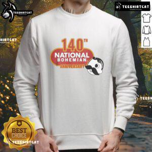 Alt Text: Official National Bohemian 140th Anniversary Logo Sweatshirt featuring a vintage design and iconic branding.