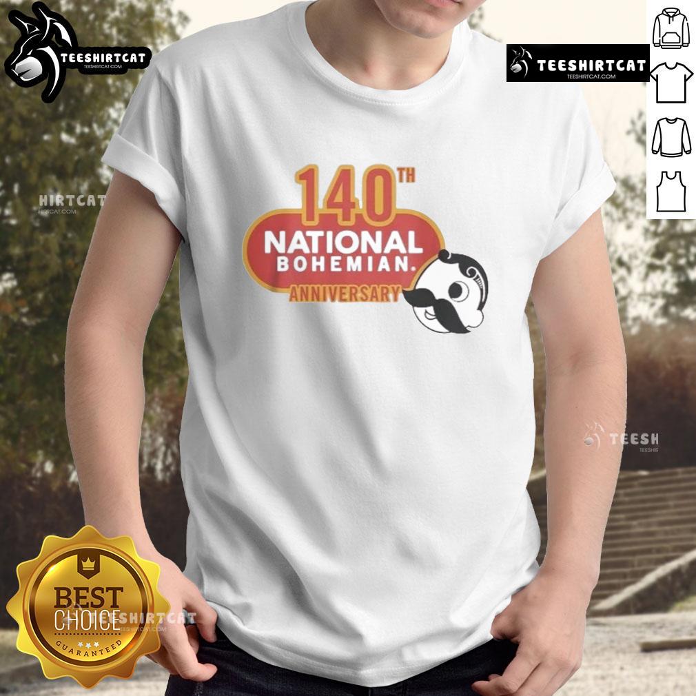 Alt Text: Official National Bohemian 140th Anniversary Logo T-Shirt featuring vintage design and vibrant colors.