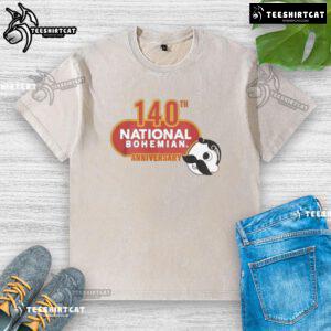 Official National Bohemian 140th Anniversary Logo on a washed t-shirt, celebrating the iconic beer brand's heritage.