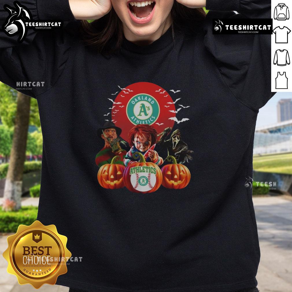 Official Oakland Athletics MLB Horror Movie Halloween Sweatshirt featuring spooky graphics and team colors.