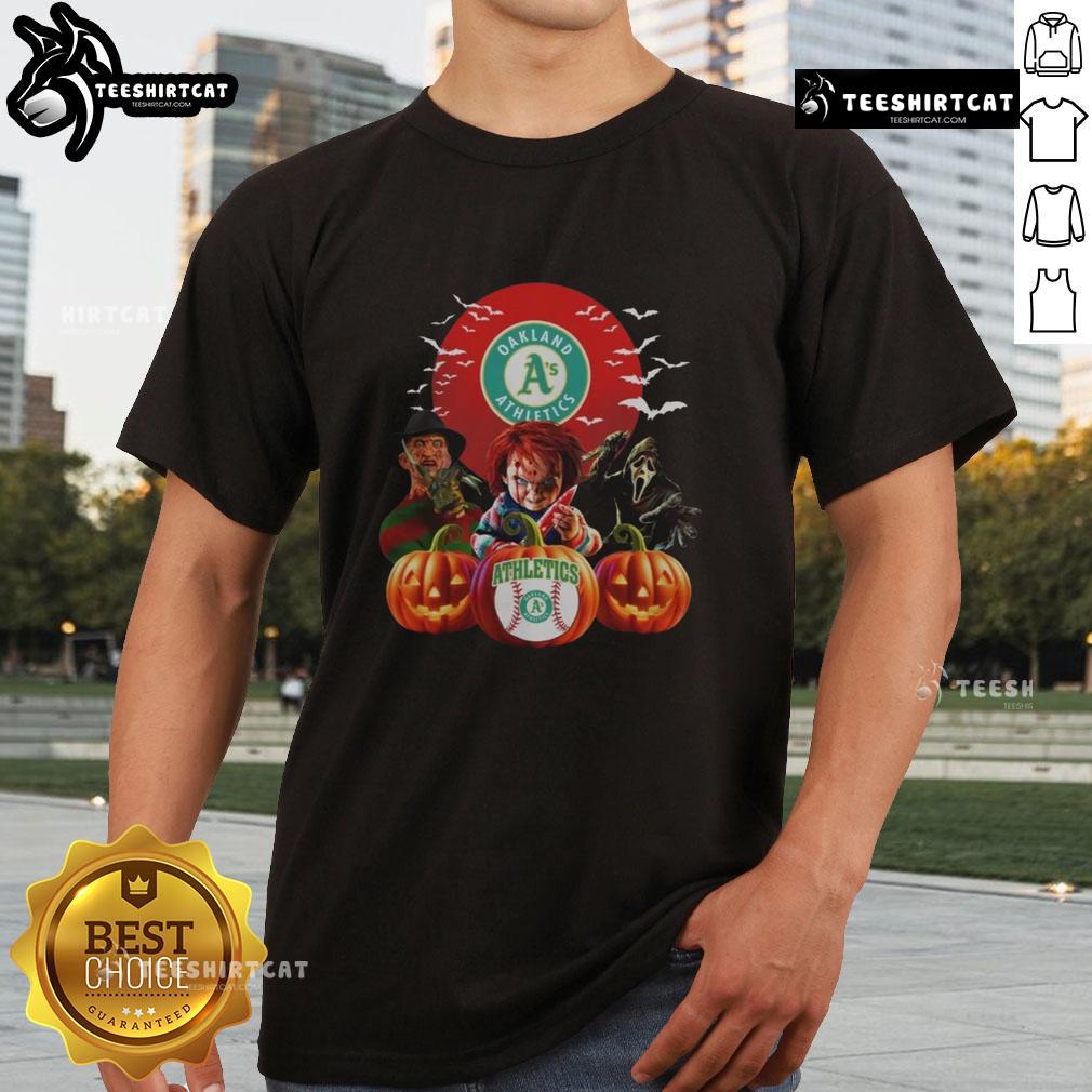 Official Oakland Athletics MLB horror movie Halloween T-shirt featuring spooky graphics and team logo for fans.