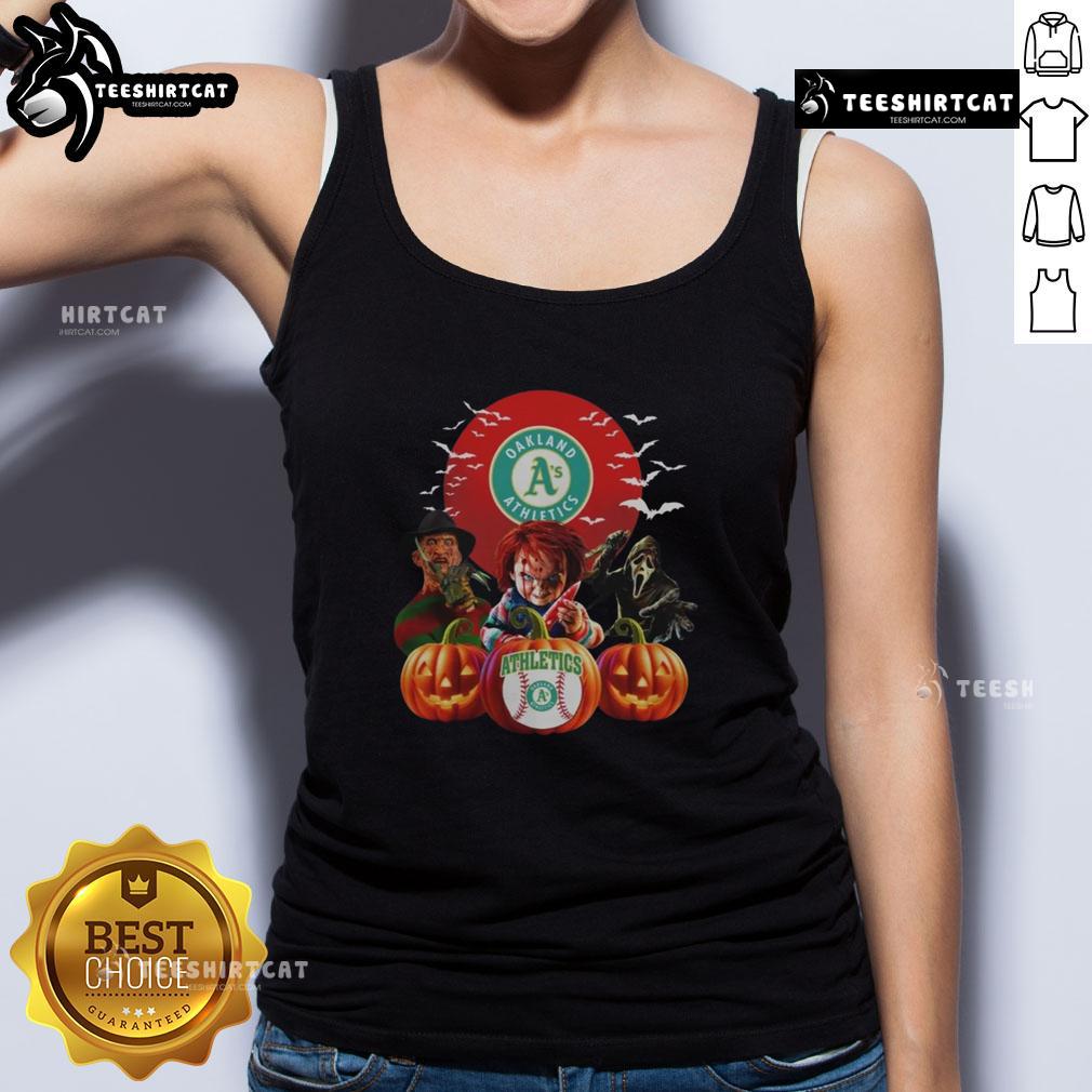 Official Oakland Athletics MLB horror movie Halloween tank top featuring unique design for fans celebrating spooky season.