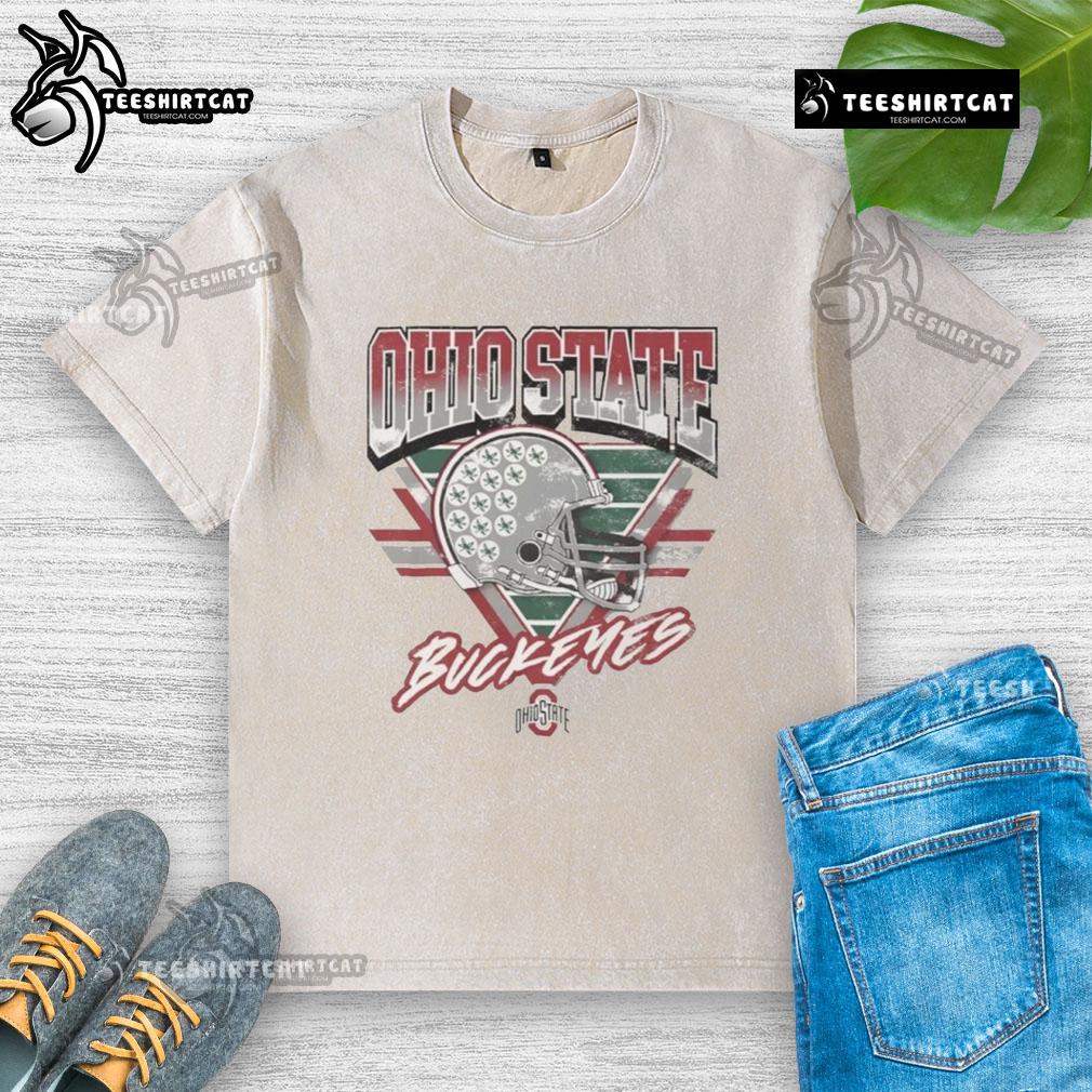 Vintage washed T-shirt featuring the official Ohio State Buckeyes logo in a triangle design, perfect for fans.