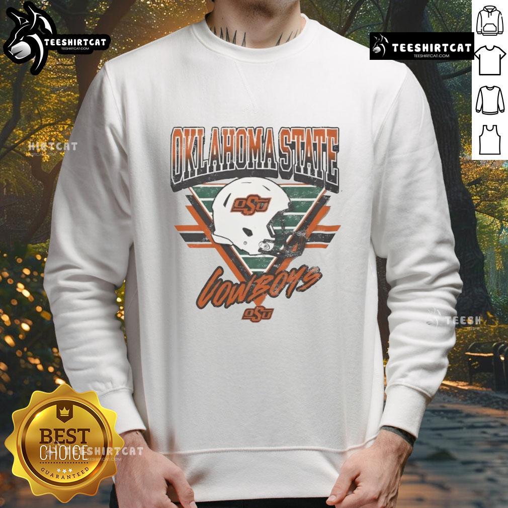 Alt Text: Vintage Oklahoma State Cowboys triangle sweatshirt showcasing classic design and team spirit in orange and black colors.