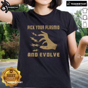 Official Pick Your Plasmid And Evolve Ladies Tee featuring a vibrant design for science and gaming enthusiasts.