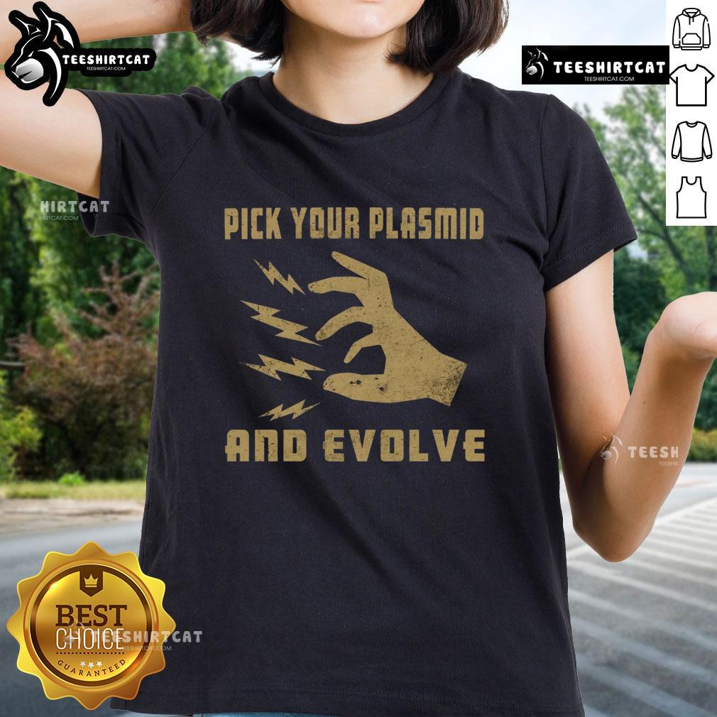 Official Pick Your Plasmid And Evolve Ladies Tee featuring a vibrant design for science and gaming enthusiasts.