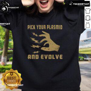 Official Pick Your Plasmid And Evolve Sweatshirt featuring a vibrant design for science enthusiasts and gamers.