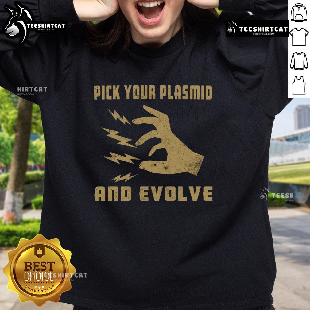 Official Pick Your Plasmid And Evolve Sweatshirt featuring a vibrant design for science enthusiasts and gamers.