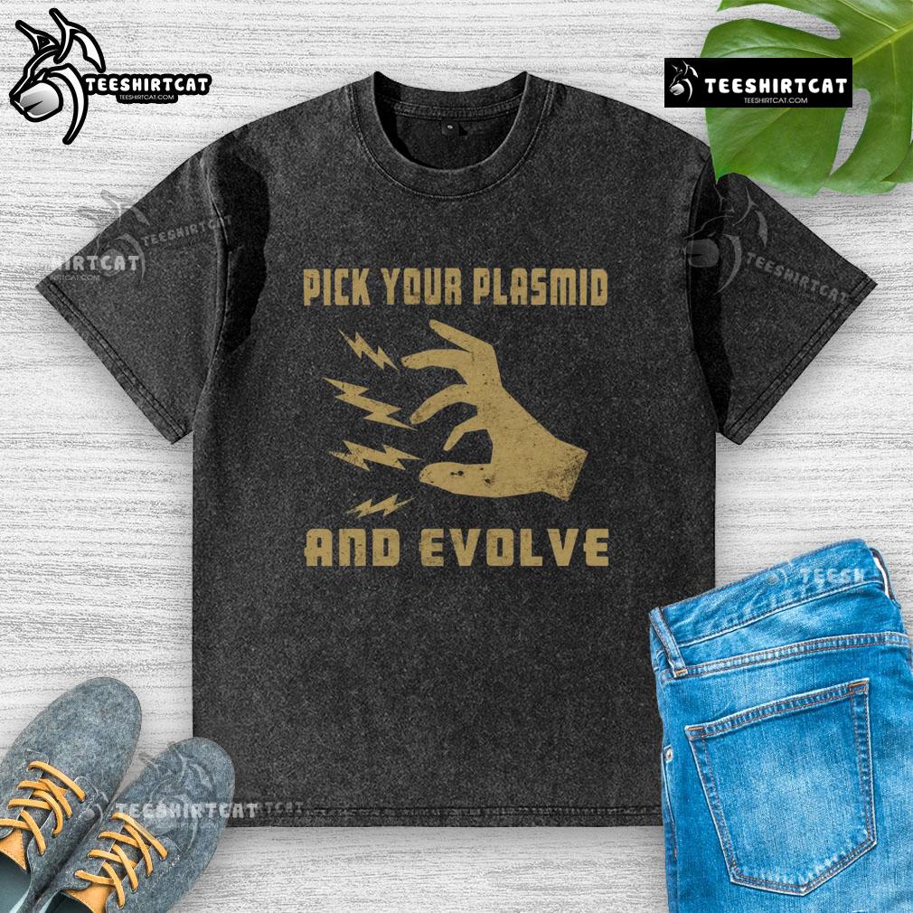 Official Pick Your Plasmid and Evolve washed t-shirt featuring vibrant graphic design for biotech enthusiasts.