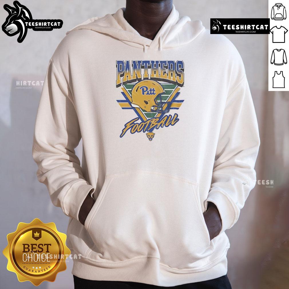 Alt Text: Vintage Pittsburgh Panthers triangle logo hoodie featuring a football helmet design for fans and alumni.