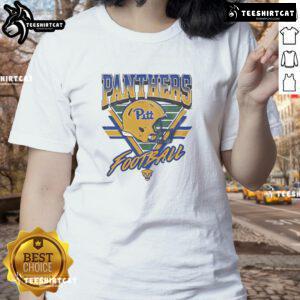 Alt Text: Official Pittsburgh Panthers triangle vintage logo helmet ladies tee featuring team colors and stylish design.