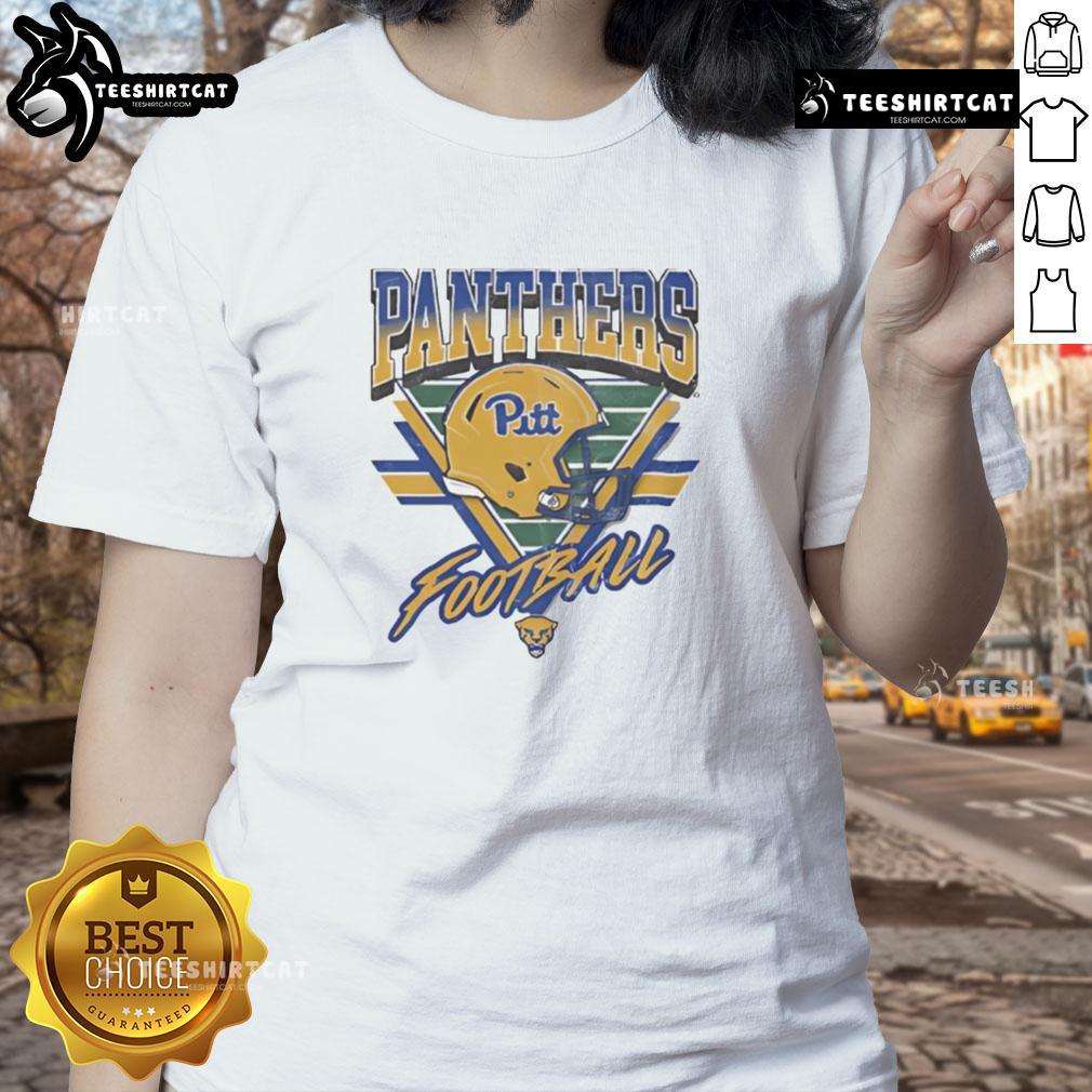 Alt Text: Official Pittsburgh Panthers triangle vintage logo helmet ladies tee featuring team colors and stylish design.