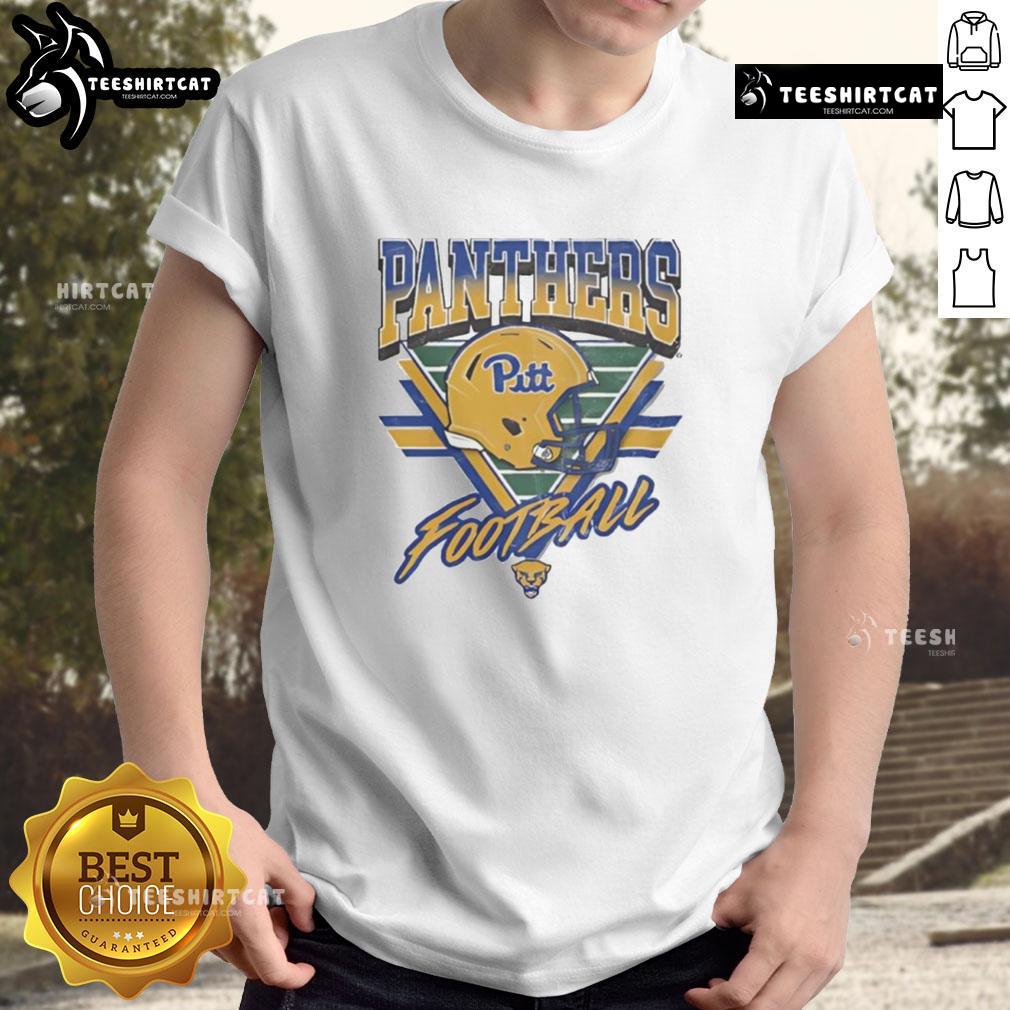 Official Pittsburgh Panthers Triangle Vintage Logo Helmet T-Shirt featuring classic design and team colors for fans.