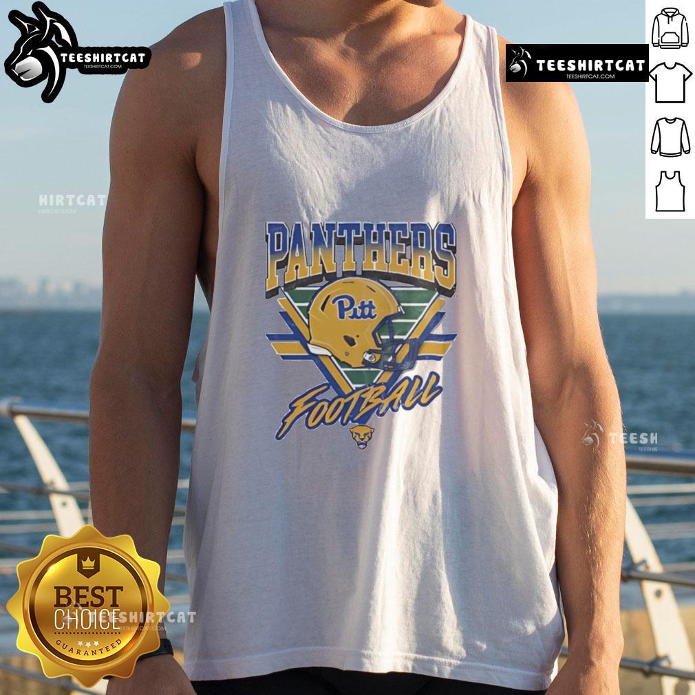 Alt Text: Vintage Pittsburgh Panthers triangle logo tank top featuring a helmet design, perfect for fans and collectors.