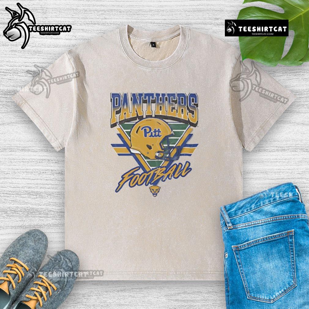 Official Pittsburgh Panthers Triangle Vintage Logo Helmet Washed T-Shirt featuring classic team colors and design.