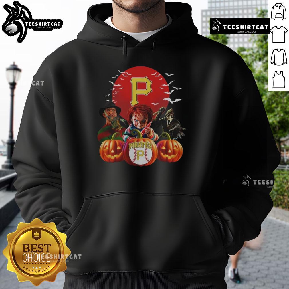 Official Pittsburgh Pirates MLB horror movie Halloween hoodie featuring a spooky design and team logo.