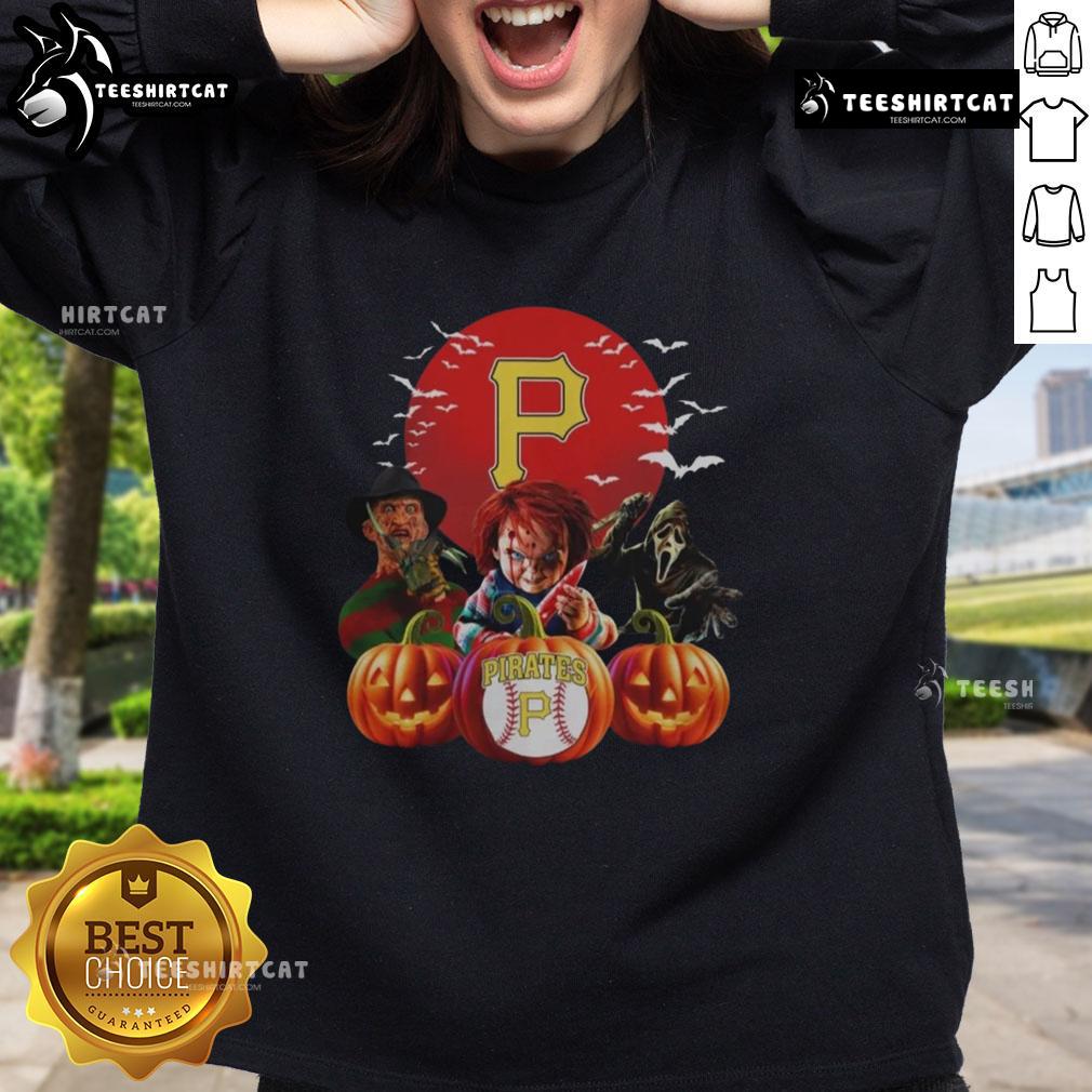 Official Pittsburgh Pirates MLB horror movie Halloween sweatshirt featuring spooky graphics and team logo.