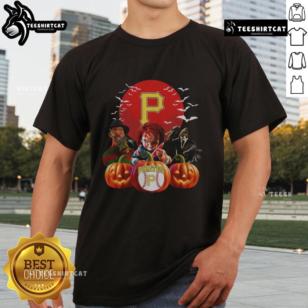 Official Pittsburgh Pirates MLB horror movie Halloween T-shirt featuring a spooky design perfect for fans and Halloween celebrations.