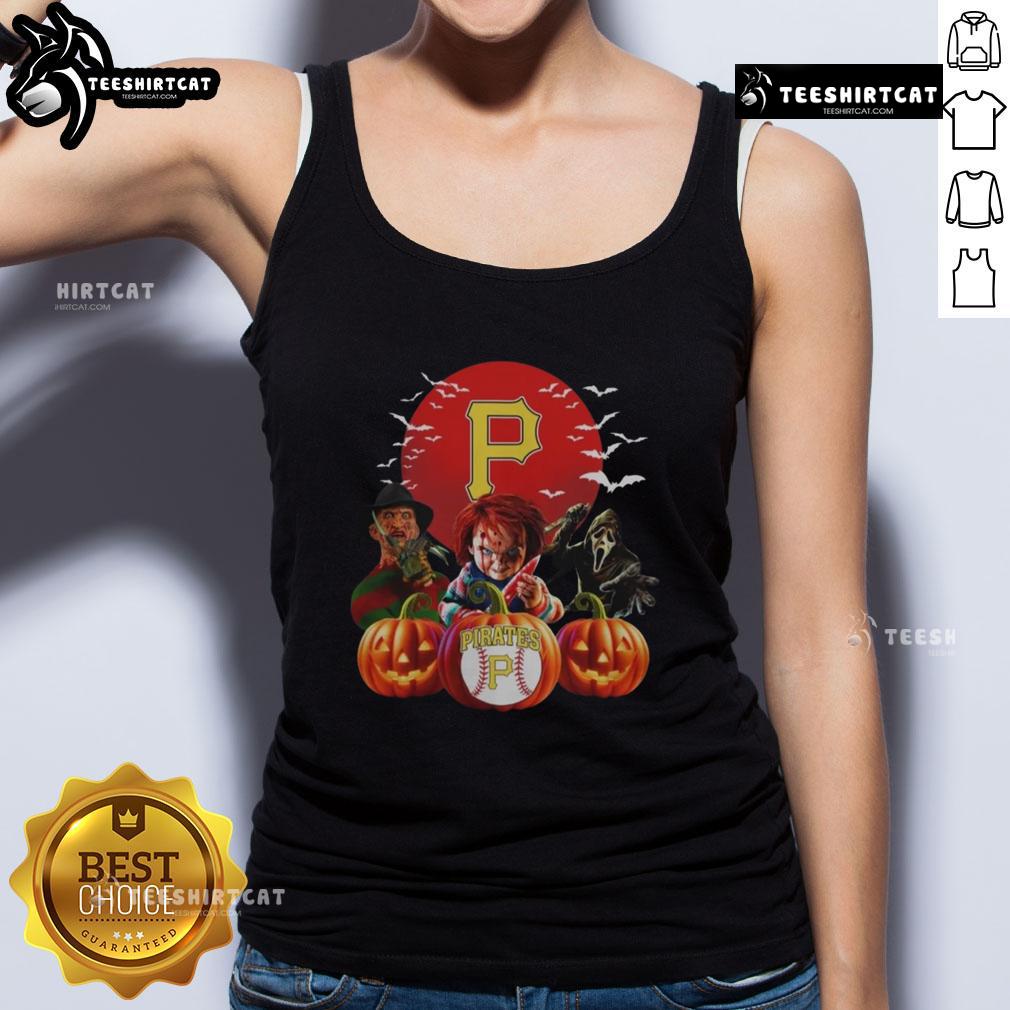 Official Pittsburgh Pirates MLB Horror Movie Halloween tank top featuring spooky design and team logo, perfect for fans.