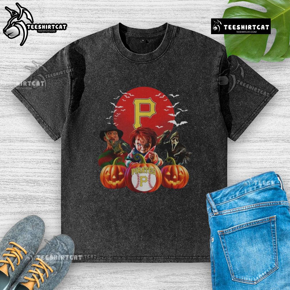 Official Pittsburgh Pirates MLB Halloween horror movie washed t-shirt featuring spooky graphics and team logo.