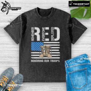 Official RED Honoring Our Troops washed t-shirt showcasing patriotic design in vibrant red color, perfect for veterans.