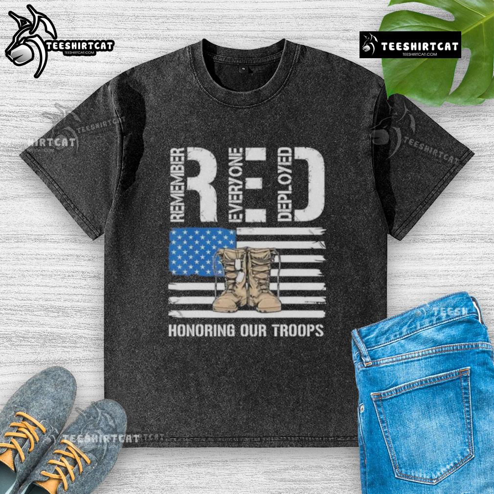 Official RED Honoring Our Troops washed t-shirt showcasing patriotic design in vibrant red color, perfect for veterans.