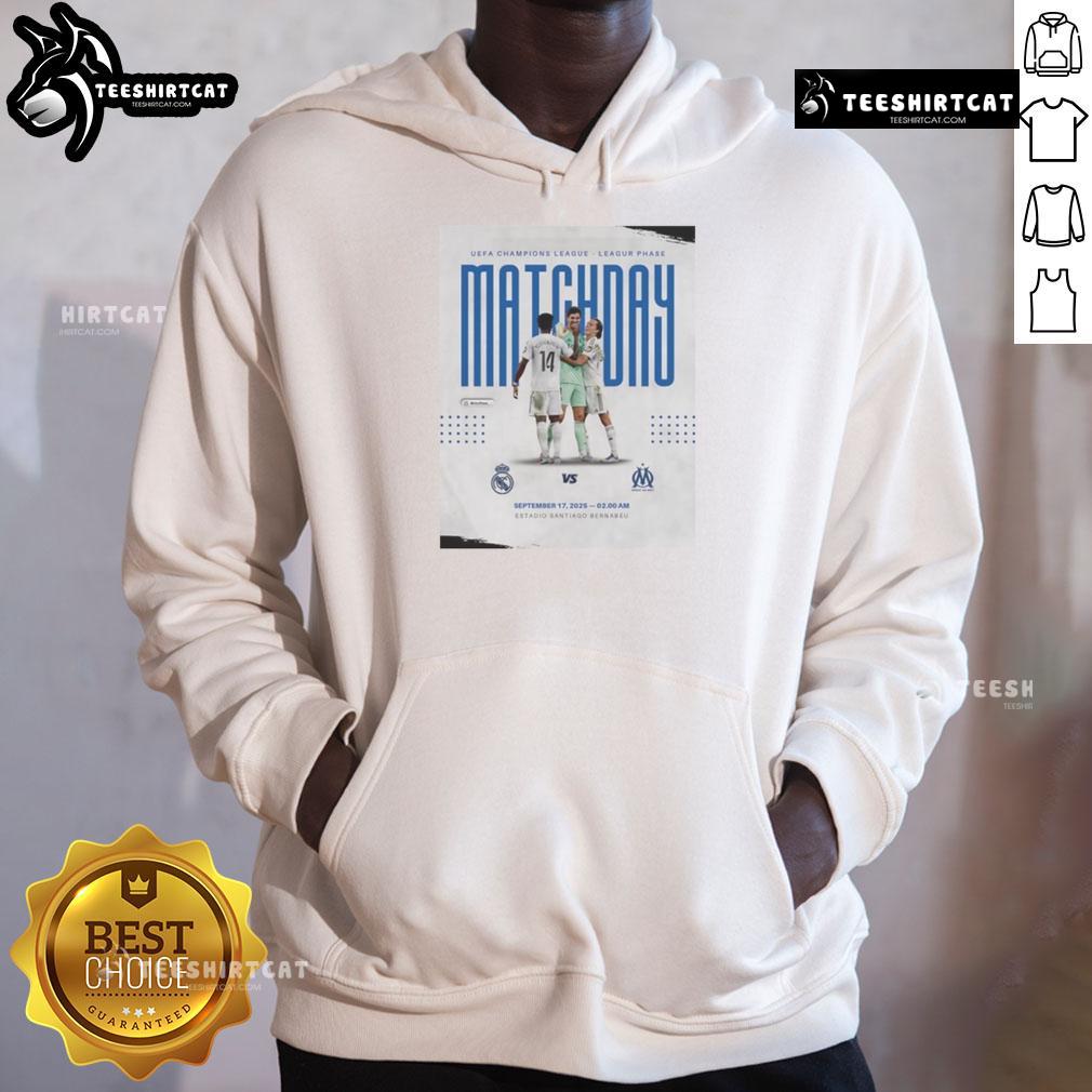 Official Real Madrid vs Marseille UEFA Champions League 2025 Matchday Hoodie featuring team logos and stylish design.