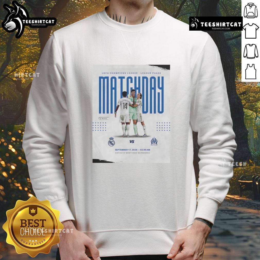 Official Real Madrid vs Marseille UEFA Champions League 2025 matchday sweatshirt featuring team logos and vibrant colors.