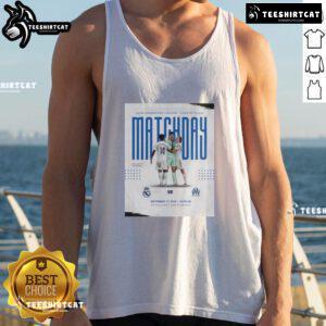 Official Real Madrid vs Marseille UEFA Champions League 2025 matchday tank top featuring team logos and vibrant design.