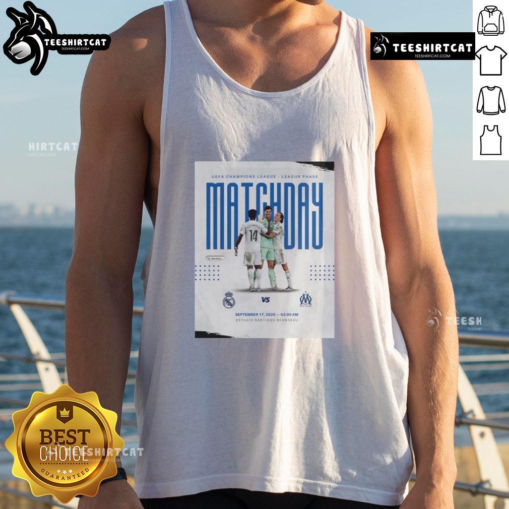 Official Real Madrid vs Marseille UEFA Champions League 2025 matchday tank top featuring team logos and vibrant design.