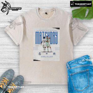 Official Real Madrid vs Marseille UEFA Champions League 2025 Matchday washed t-shirt featuring team logos and vibrant design.