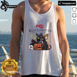 Official Red Lobster Black Cat Witch Pumpkin Haunted House Halloween Tank Top featuring festive Halloween designs.