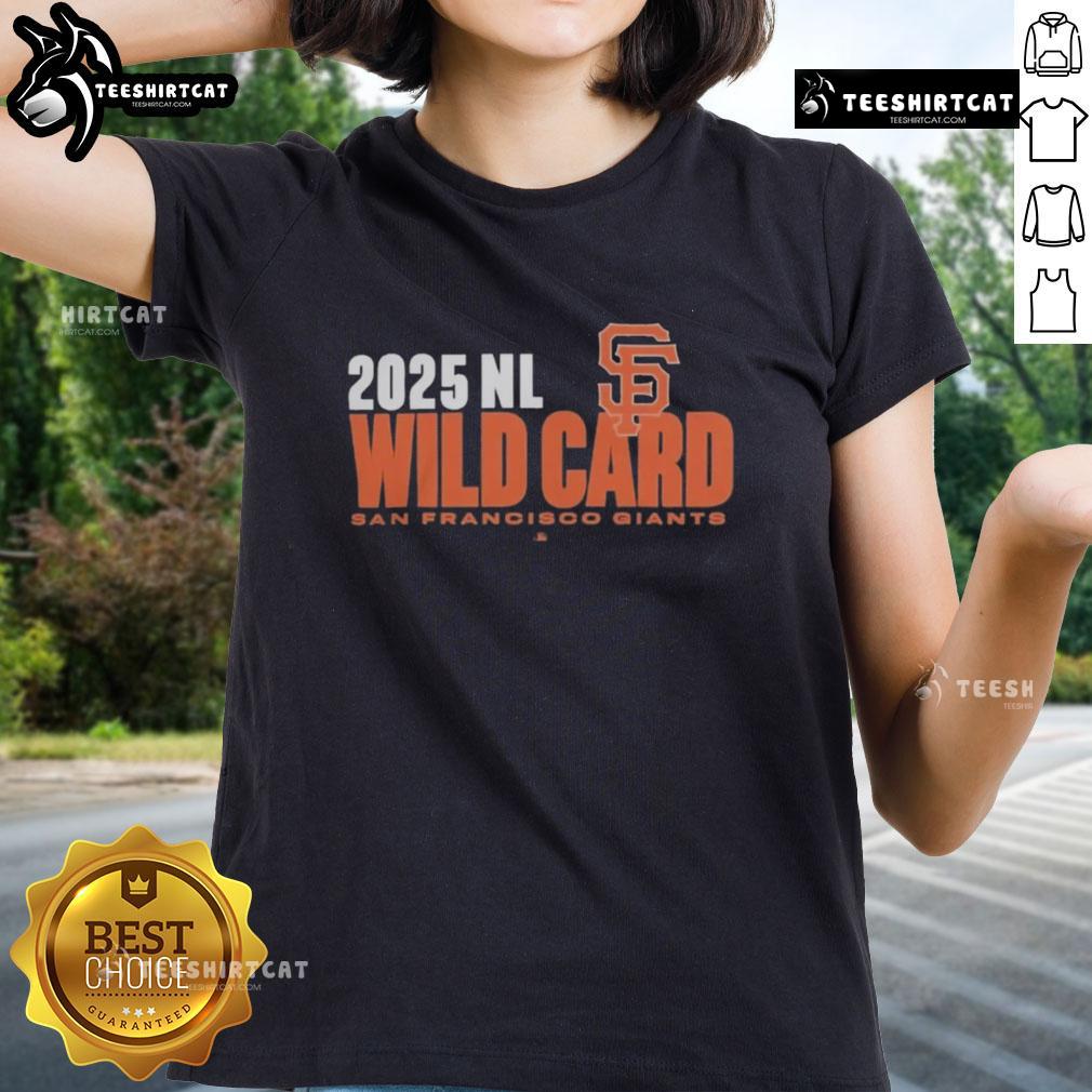 Alt Text: Official San Francisco Giants 2025 MLB Playoffs National League Wild Card ladies tee featuring team colors and logo.