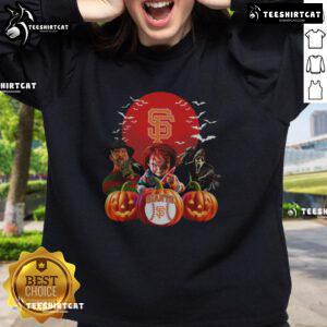 Official San Francisco Giants MLB horror movie Halloween sweatshirt featuring spooky graphics for fans.