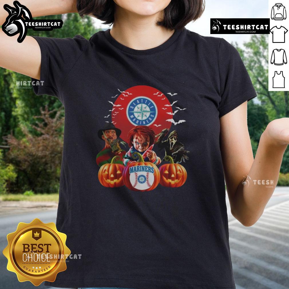 Official Seattle Mariners MLB horror movie Halloween ladies tee featuring spooky graphics and team logo for fans.