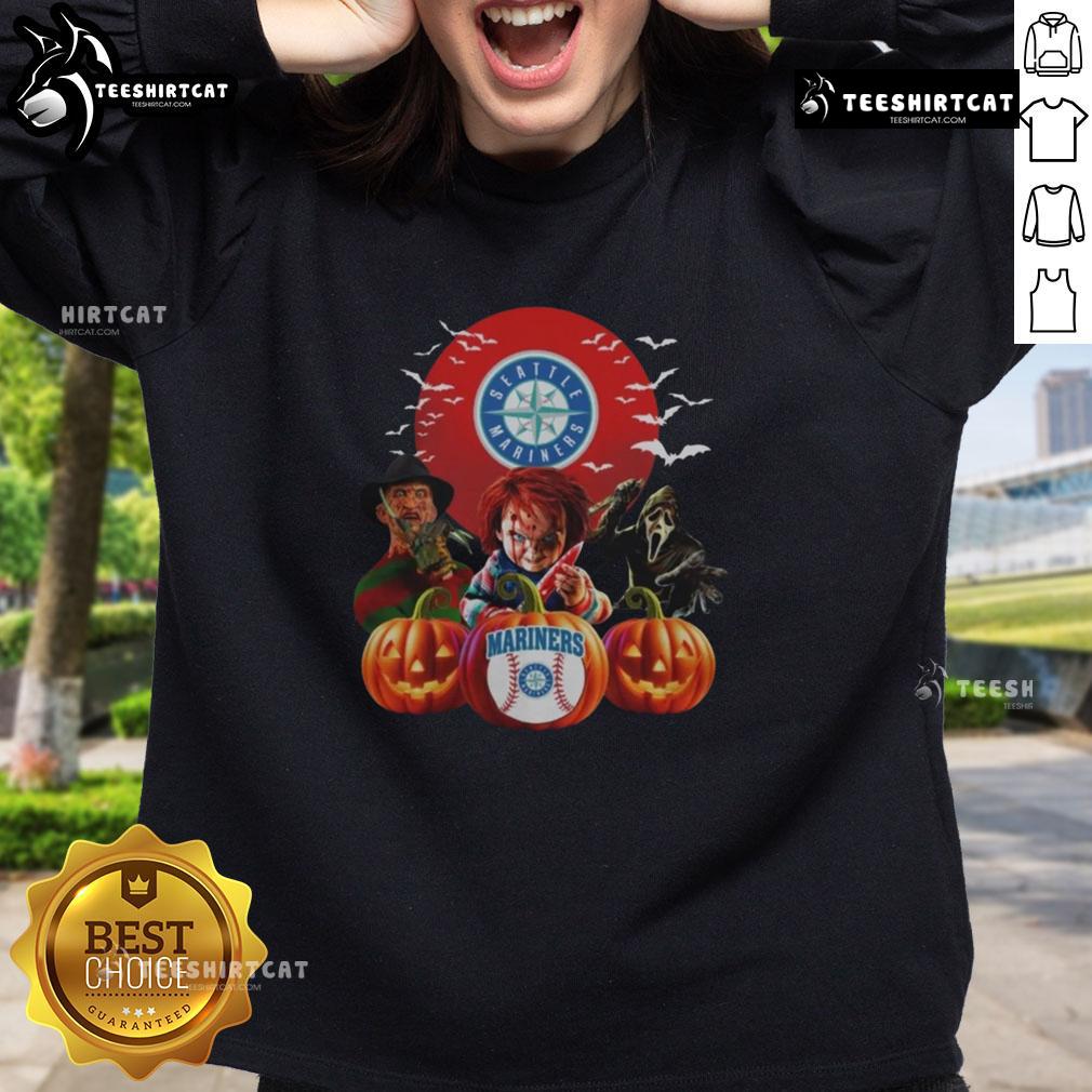 Official Seattle Mariners MLB Horror Movie Halloween Sweatshirt featuring spooky design and team logo, perfect for fans.