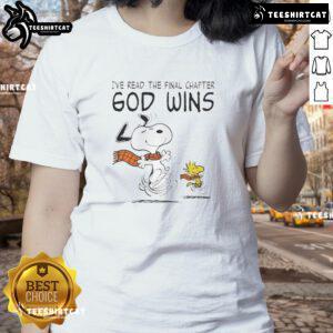 Official Snoopy and Woodstock IVe Read The Final Chapter God Wins Ladies Tee featuring vibrant graphics and playful design.