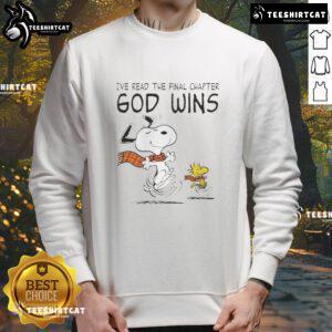 Official Snoopy and Woodstock sweatshirt featuring 'I've Read The Final Chapter, God Wins' design in vibrant colors.