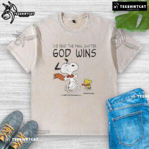 Official Snoopy and Woodstock IVe Read The Final Chapter God Wins washed t-shirt featuring playful graphic design.