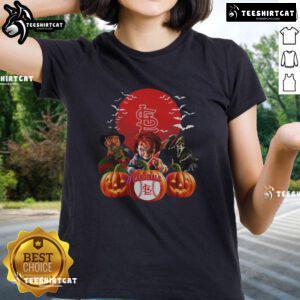Official St. Louis Cardinals MLB horror movie Halloween ladies tee featuring spooky graphics for fans and trick-or-treaters.