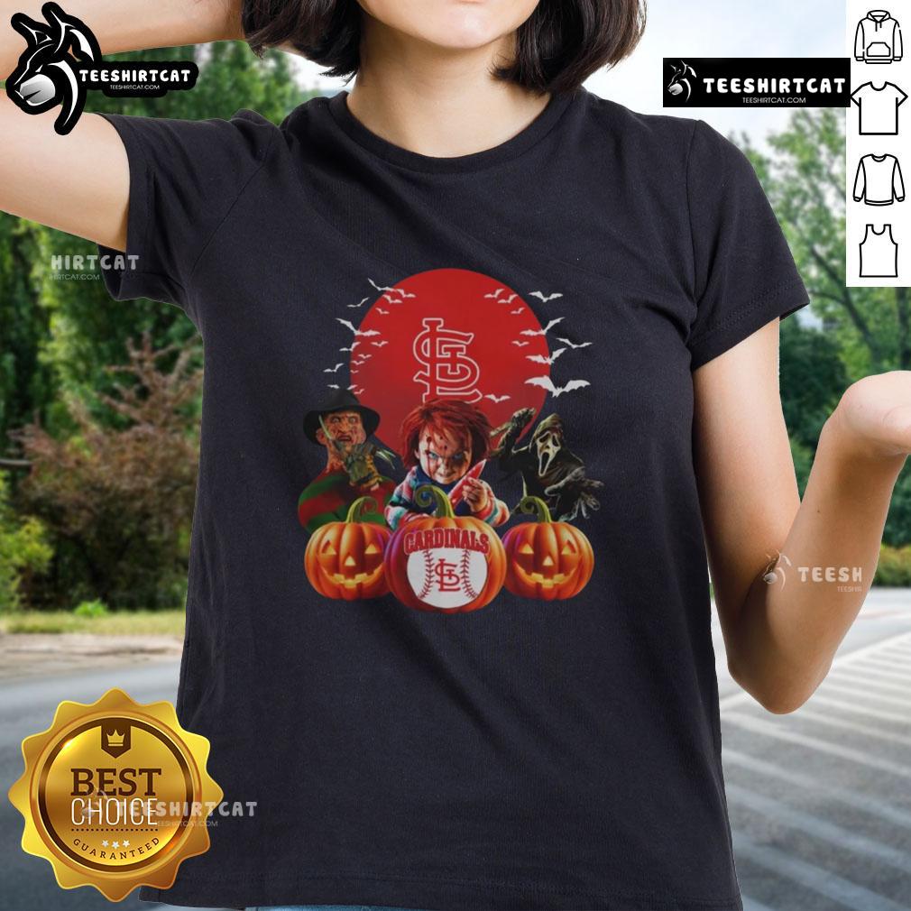 Official St. Louis Cardinals MLB horror movie Halloween ladies tee featuring spooky graphics for fans and trick-or-treaters.