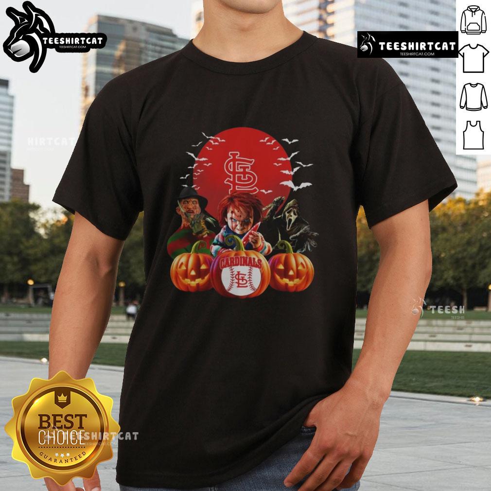 Official St. Louis Cardinals MLB Horror Movie Halloween T-Shirt featuring spooky graphics for baseball fans this Halloween.