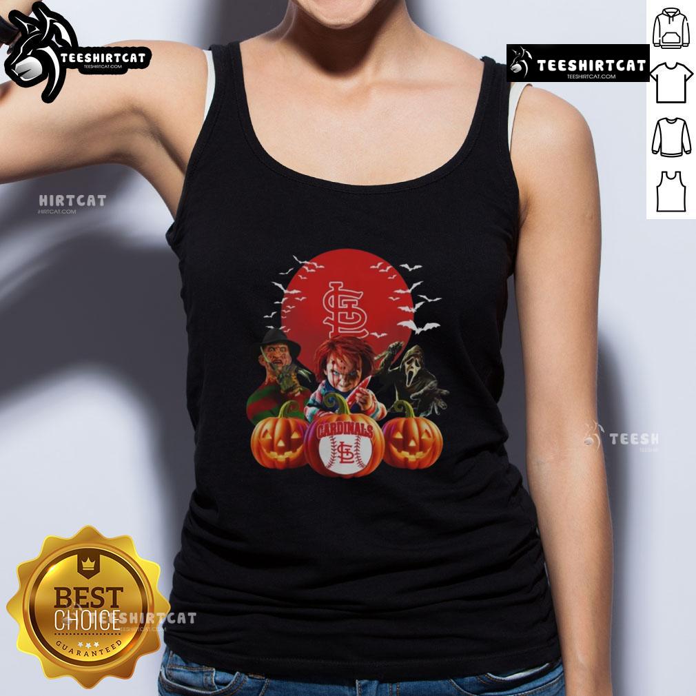 Official St. Louis Cardinals MLB horror movie Halloween tank top design featuring spooky graphics and team logo.