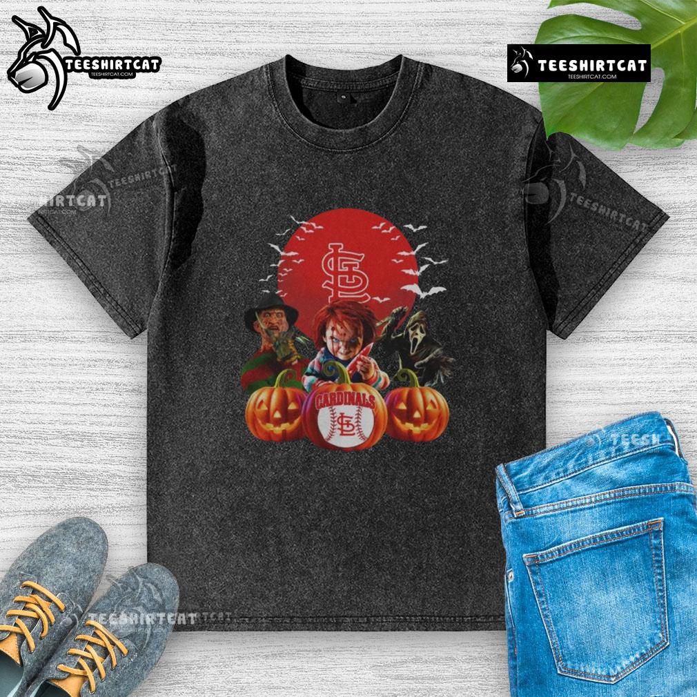 Alt Text: Official St. Louis Cardinals MLB Halloween washed t-shirt featuring a spooky design for fans and horror movie lovers.