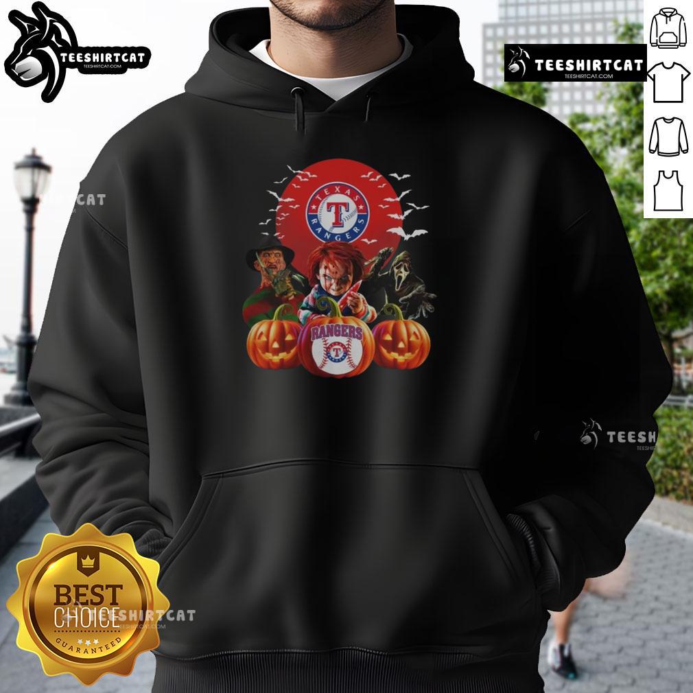 Official Texas Rangers MLB horror movie Halloween hoodie featuring spooky graphics and team logo for a festive look.