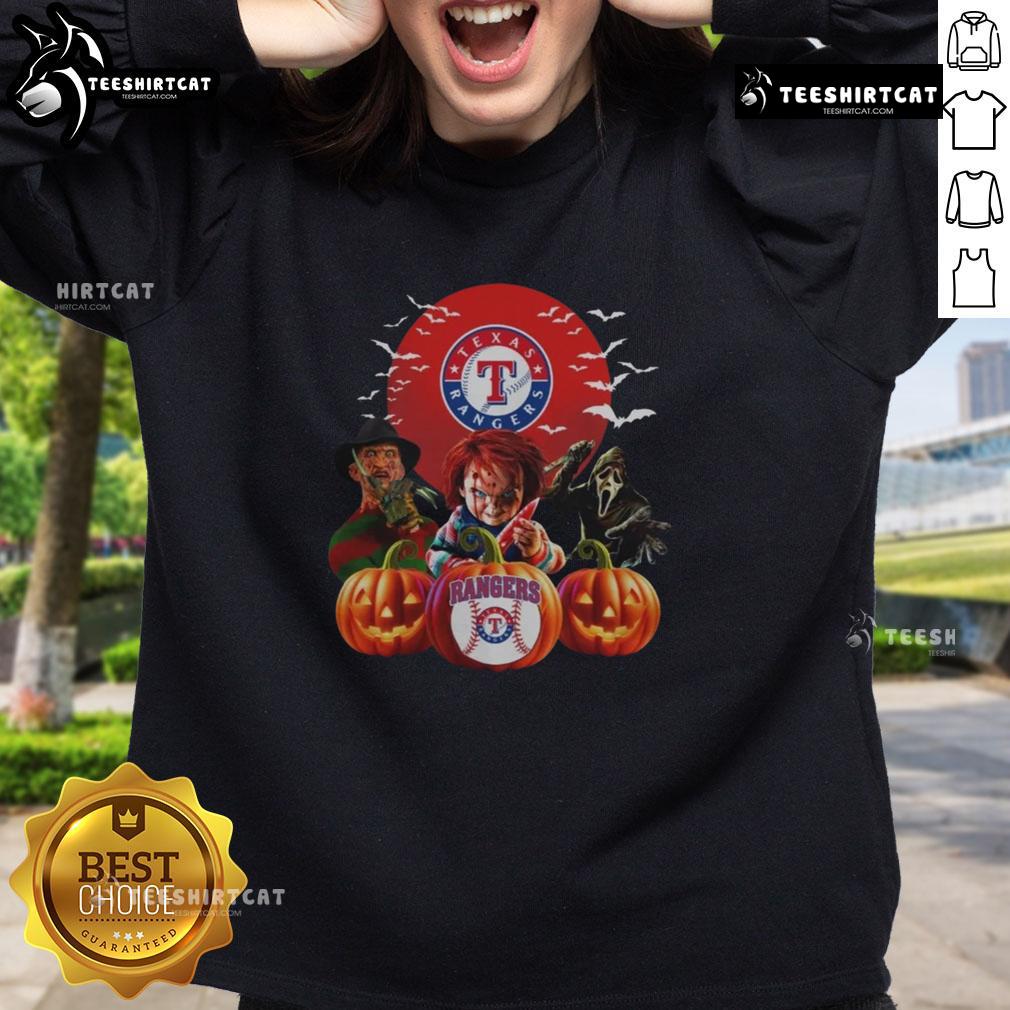 Alt Text: Official Texas Rangers MLB Halloween sweatshirt featuring a spooky design, perfect for horror movie fans and baseball lovers.